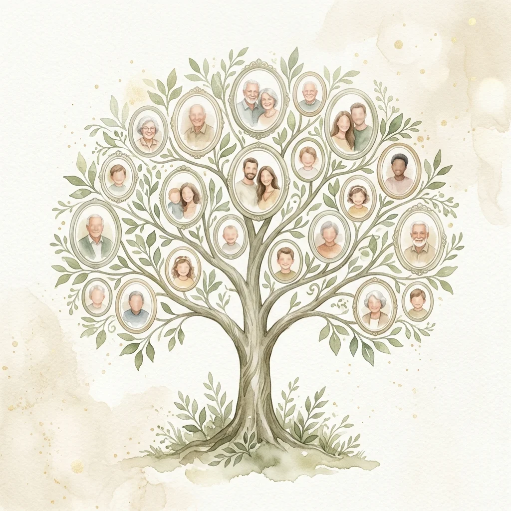 Illustration d'un arbre généalogique vierge avec cadres familiaux