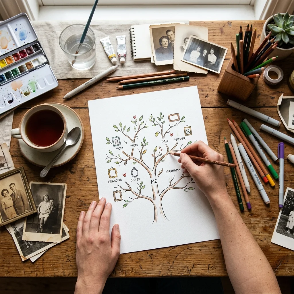 Personne en train de dessiner un arbre généalogique à la main avec des crayons de couleur