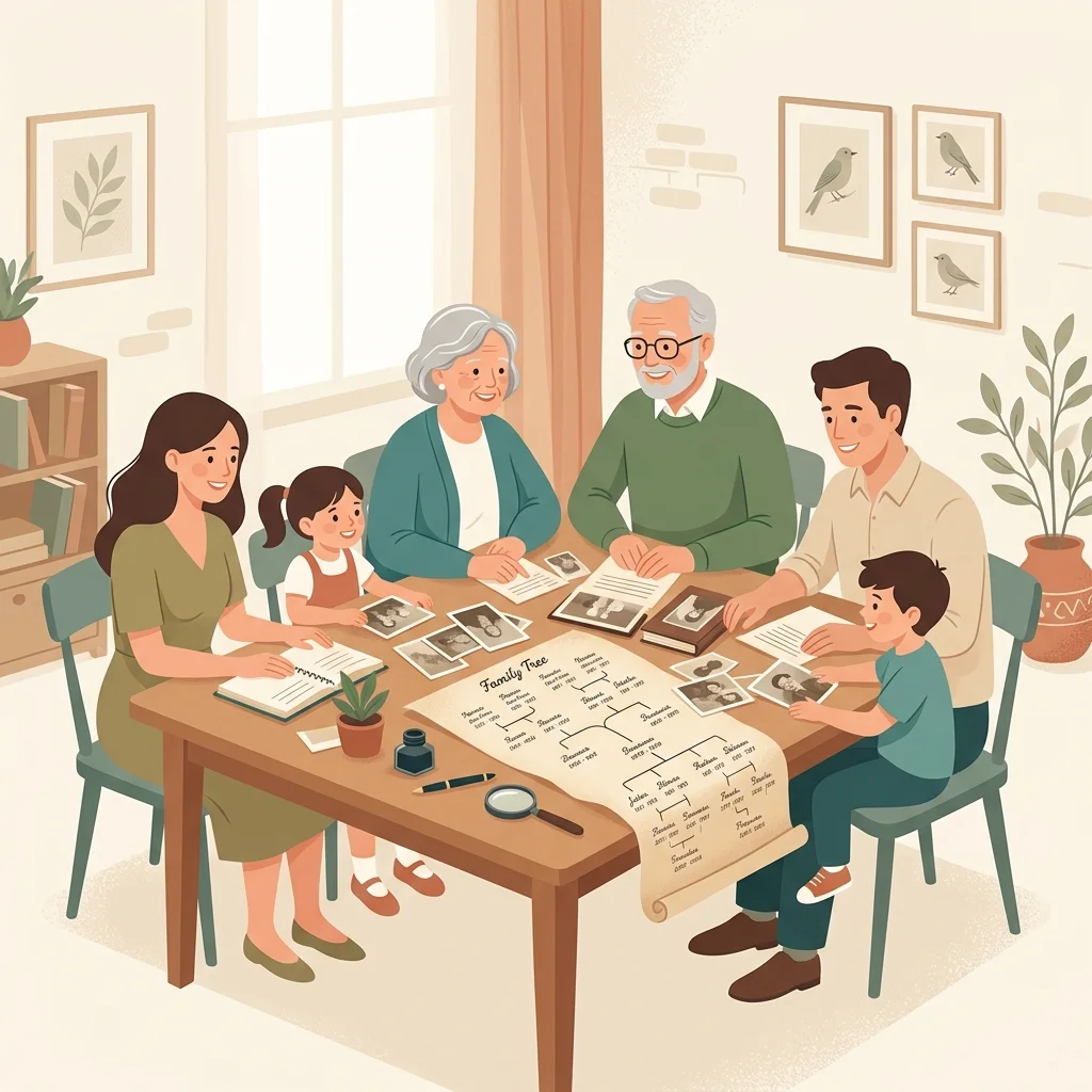 Famille réunie autour d'un arbre généalogique à remplir