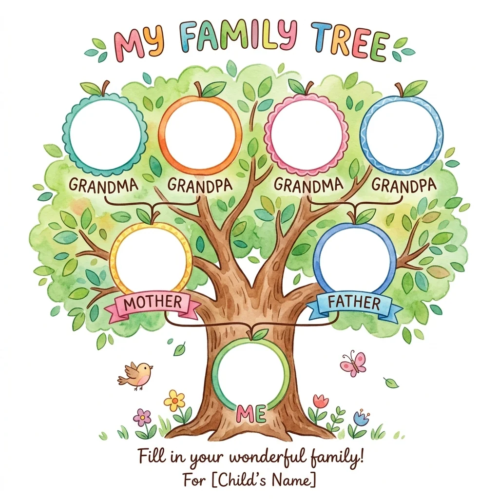 Modèle d'arbre généalogique coloré pour enfant en forme d'arbre avec feuilles
